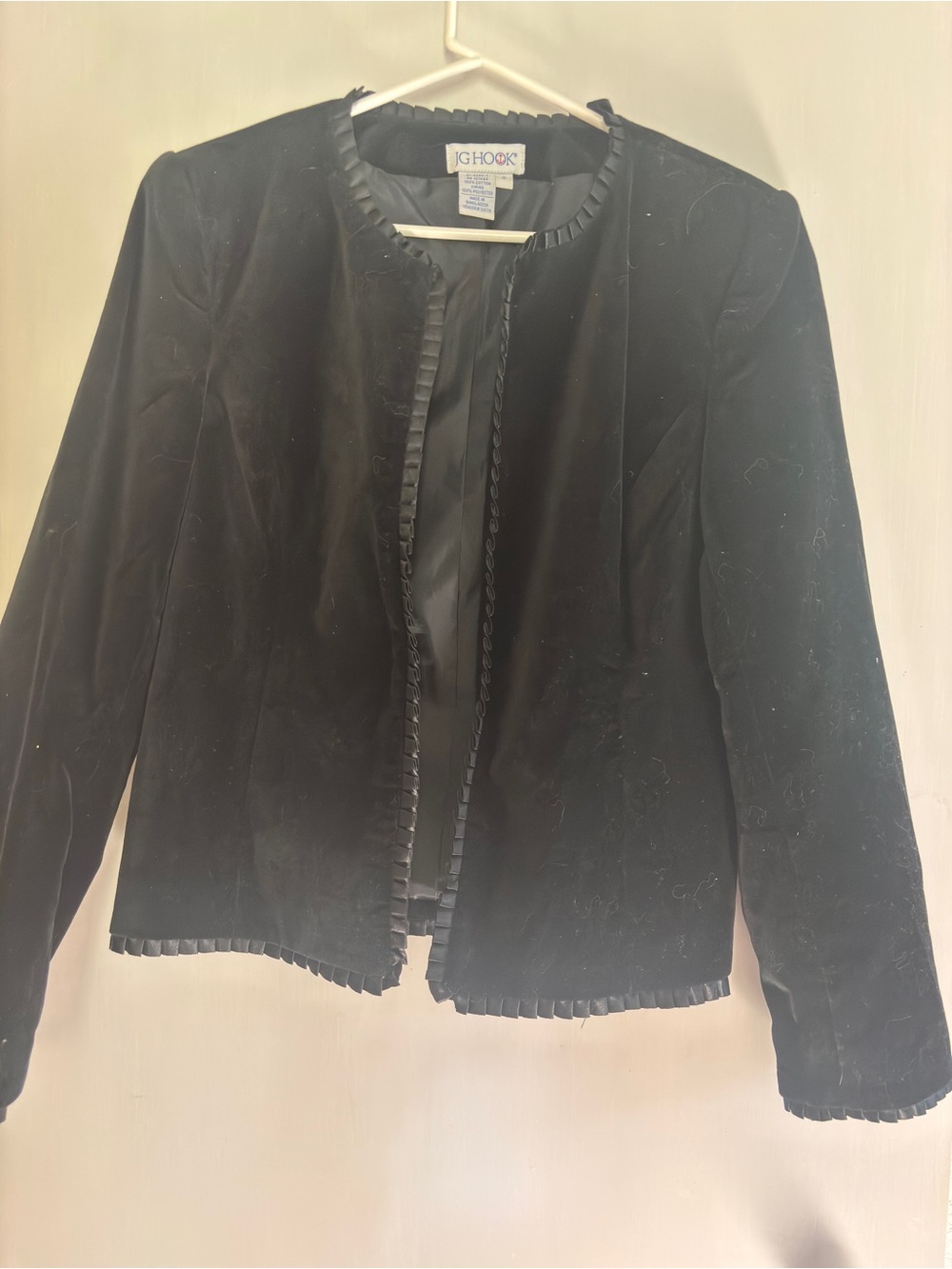 J. G. Hook Black Velvet Ribbon-Edge Collarless Jacket